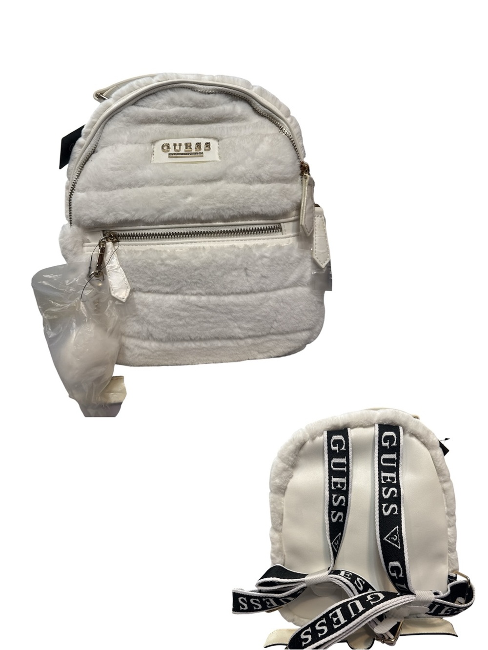 GUESS White Faux Fur Mini Backpack with Logo Straps
